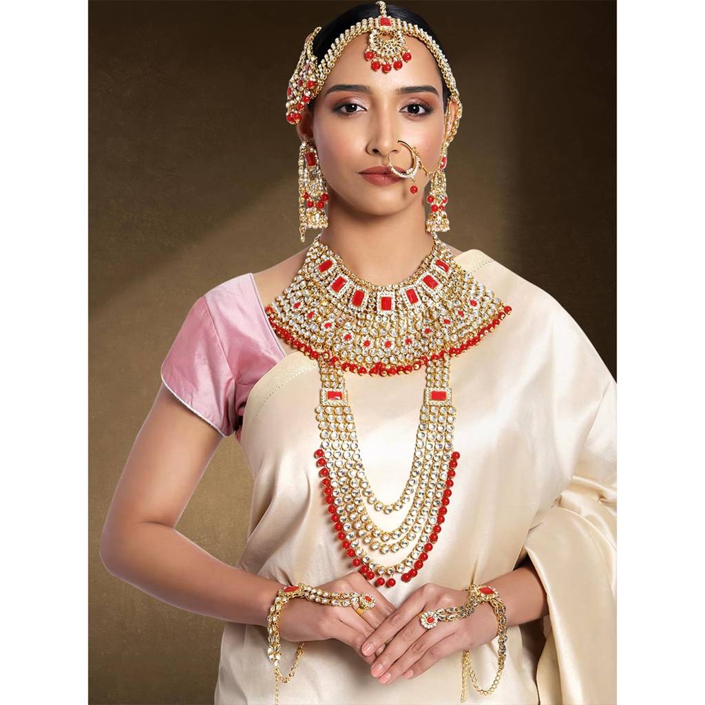 Ethnic Traditional Gold Plated Kundan Studded Dulhan Bridal Jewellery Set With Choker Earrings Maang Tikka Hathpho : PF36BR02R