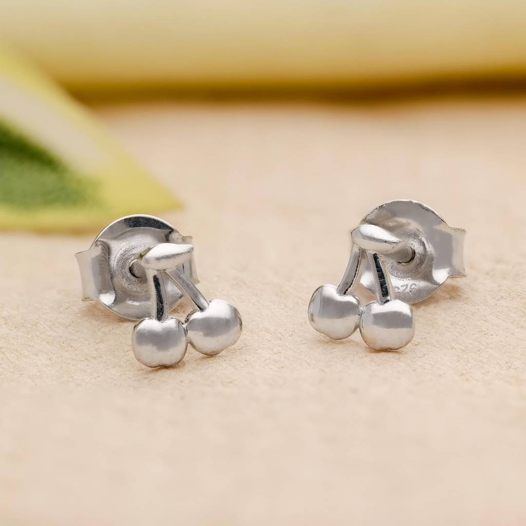 925 Silver Cherry Stud Earrings | Cute Fruit Jewelry For Women : SE_000809
