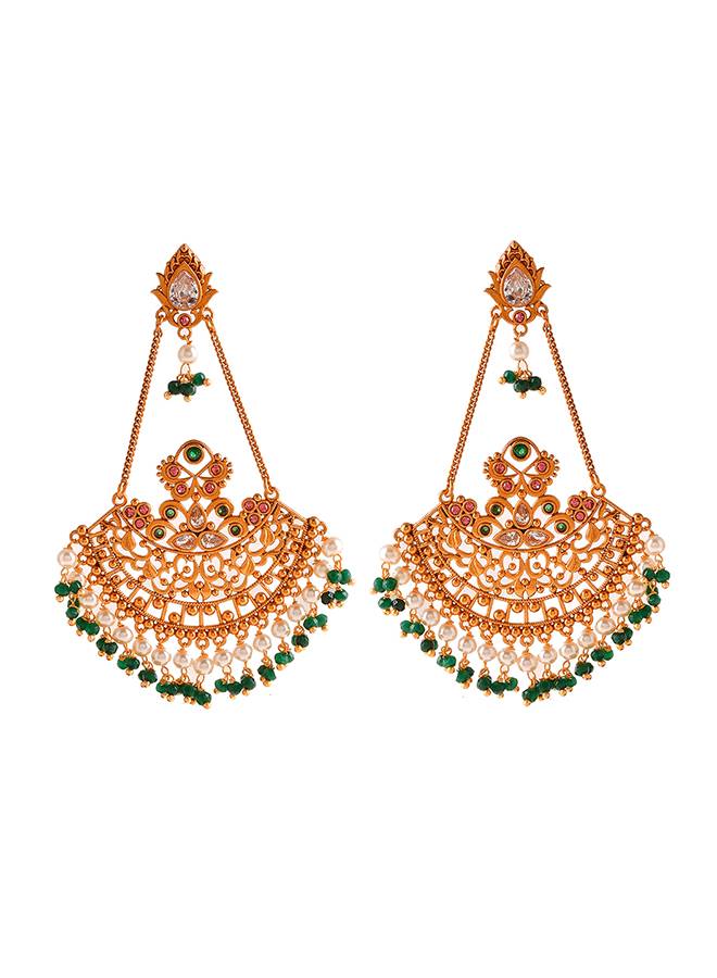 Abharan Ethnic White Pearls And Green Stones Filigree Earrings : 8905124493887