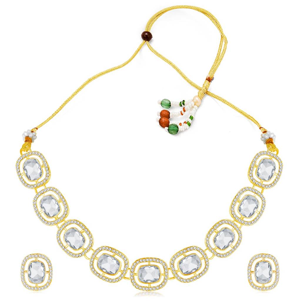 Gold Plated White Synthetic Stone Studded Fancy Choker Necklace & Stud Earrings Fashion Jewellery Set Gift For Wom : PF09N387W