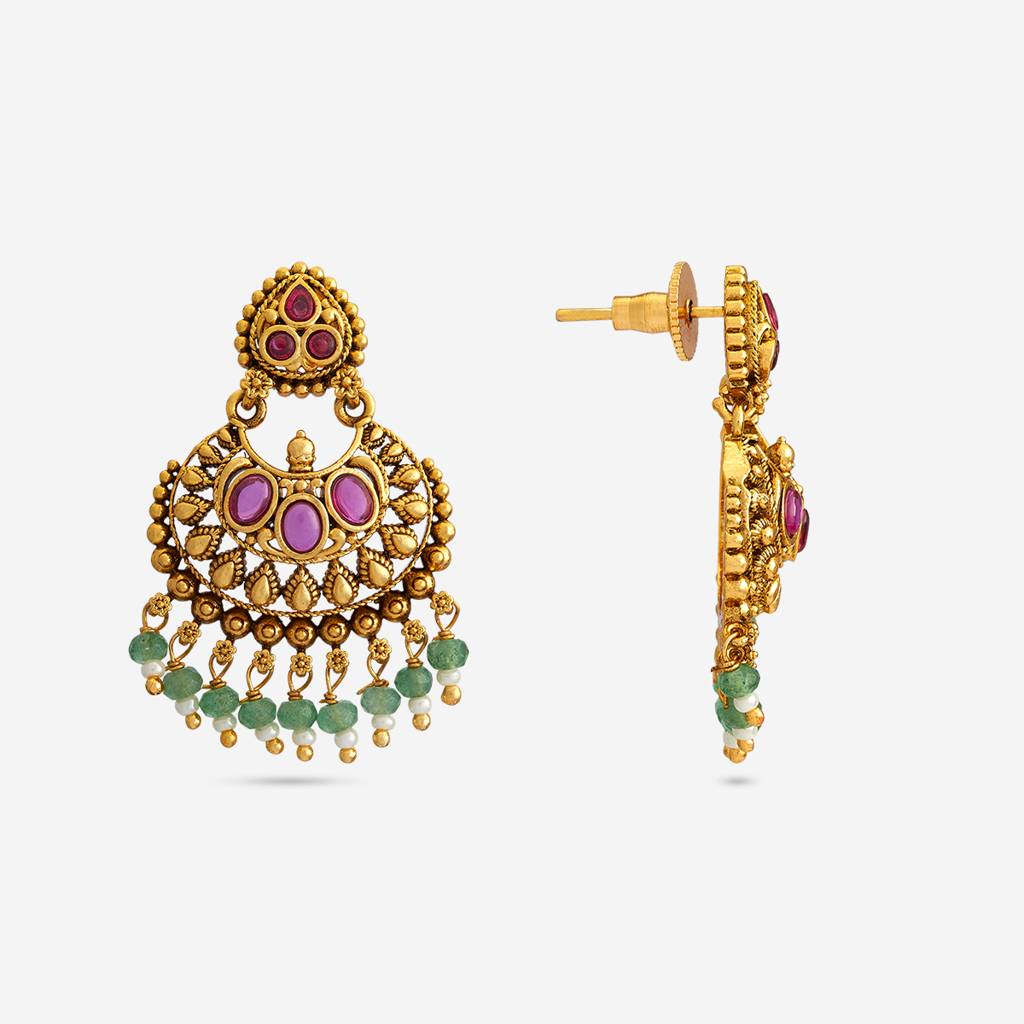 Ruby-Green Gold-Plated Ethnic Antique Chandbali Earrings-442470 : 442470