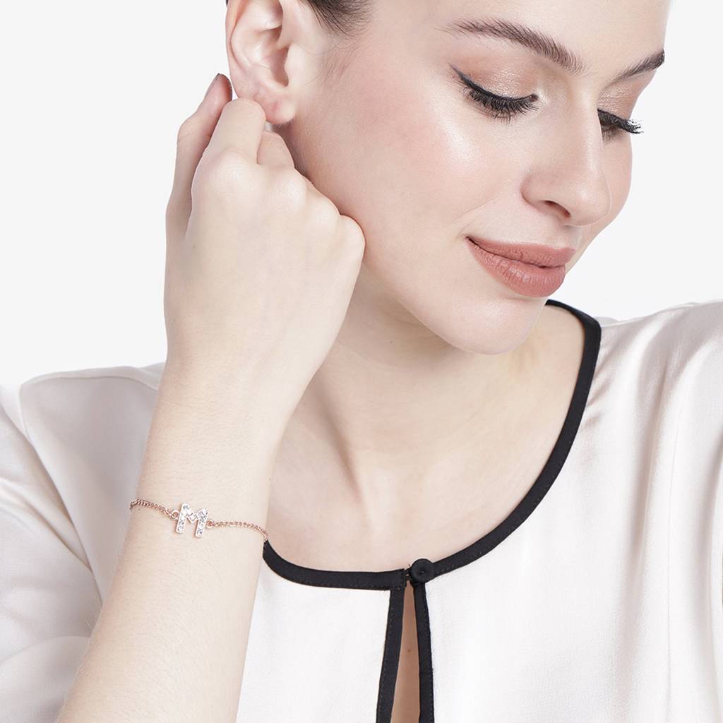 Estele Rosegold Plated Captivating Medium 'M' Letter Bracelet With Crystals For Women : 102178-RG-MBR