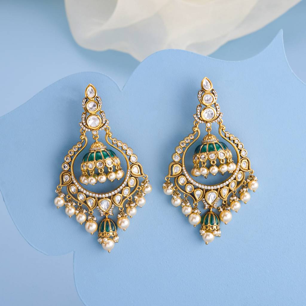 Victorian-Plated Ethnic Kundan Drops - 454140 : 454141