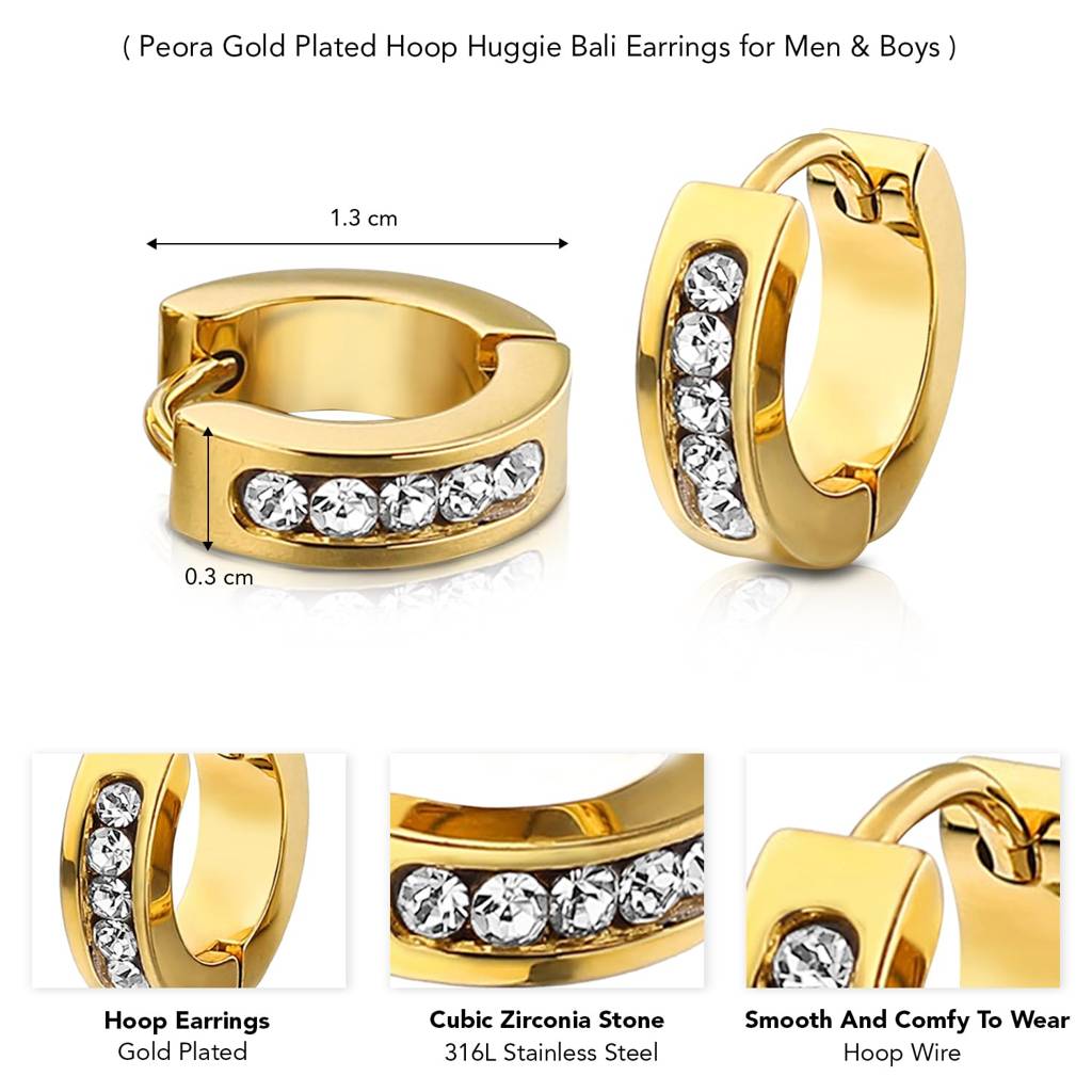 Gold Plated Cubic Zirconia Studded Hoop Huggie Bali Earrings Fancy Stylish Jewellery For Men & Boys : PX9ME41G