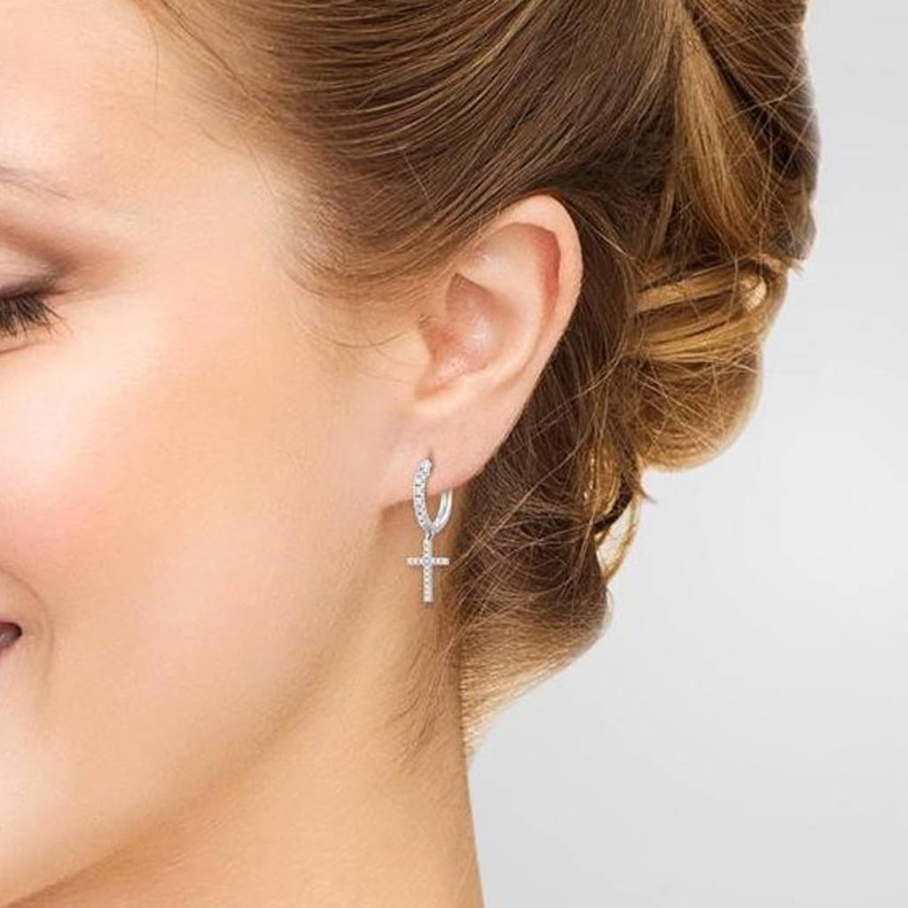Silver Plated Cubic Zirconia Studded Fancy Hoop Closure Cross Shape Drop Earrings Fashion Jewellery For Women : PX8E247