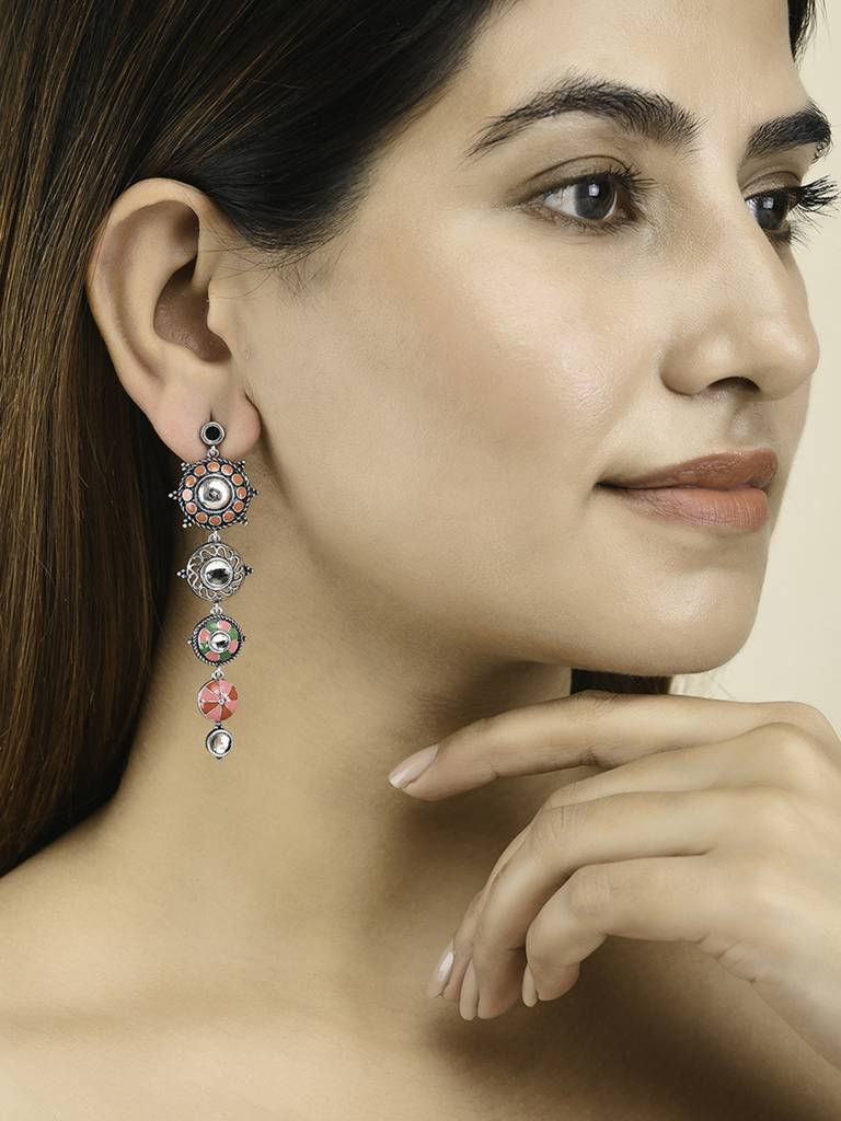 Folklore Enamelled Circular Long Drop Earrings : 8905124477566