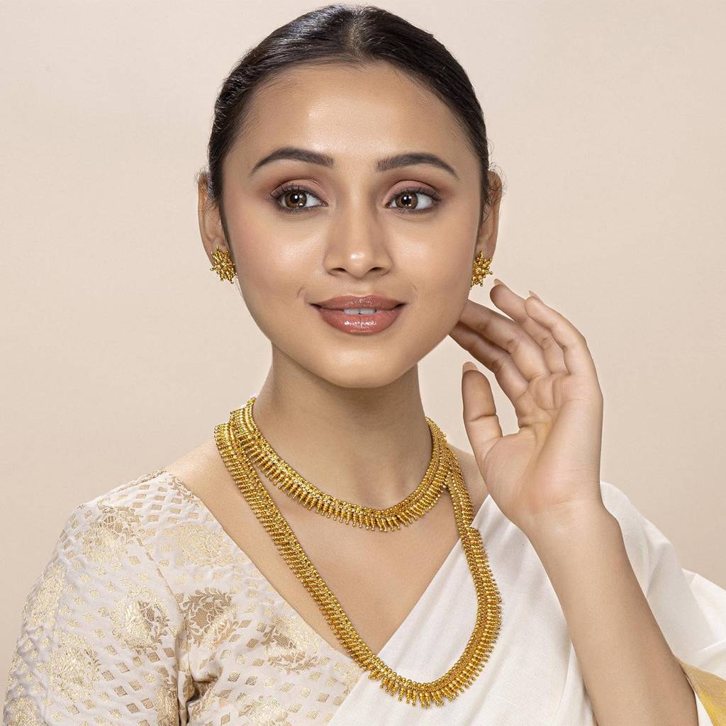 Traditional Gold Plated Maharani Haar Necklaces With Earrings South Style Indian Bridal Jewellery Set Gift For Wom : PF04BR144