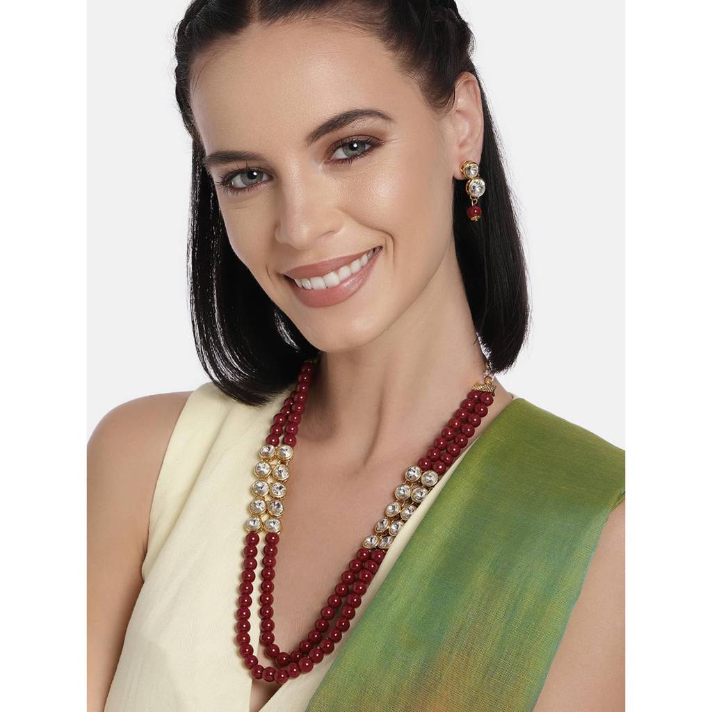 Gold Plated Crystal Pearl Long Necklace With Earring Traditional Jewellery Set For Women Girls : PF24N217M