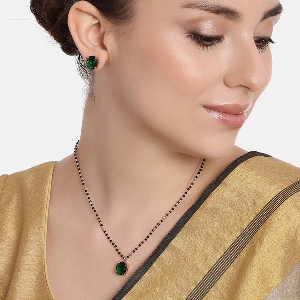 Estele Rose Gold Plated Cz Elegant Mangalsutra Necklace Set With Emerald Stones For Women : ADMS040-RGGNNKER