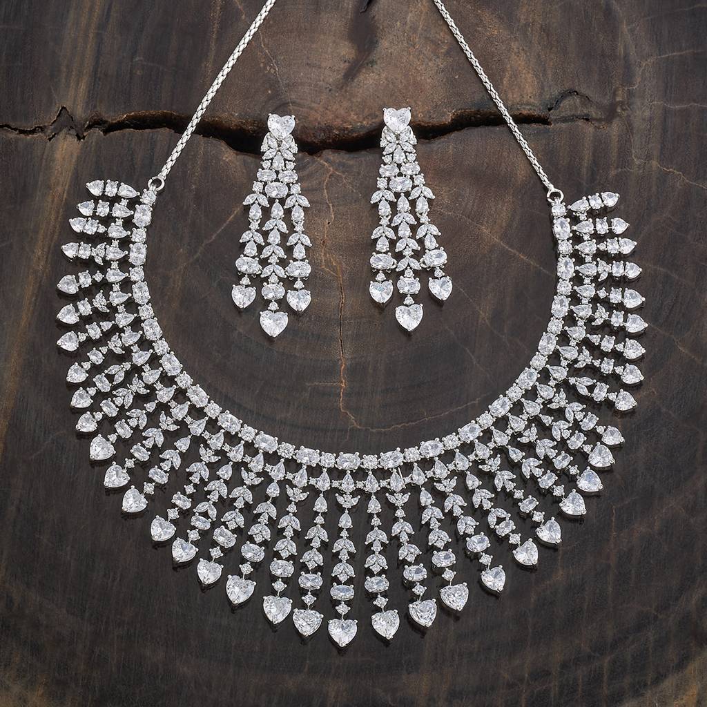 Kushal'S Fashion Jewellery Rhodium-Plated Cubic Zirconia Jewellery Set : 426379