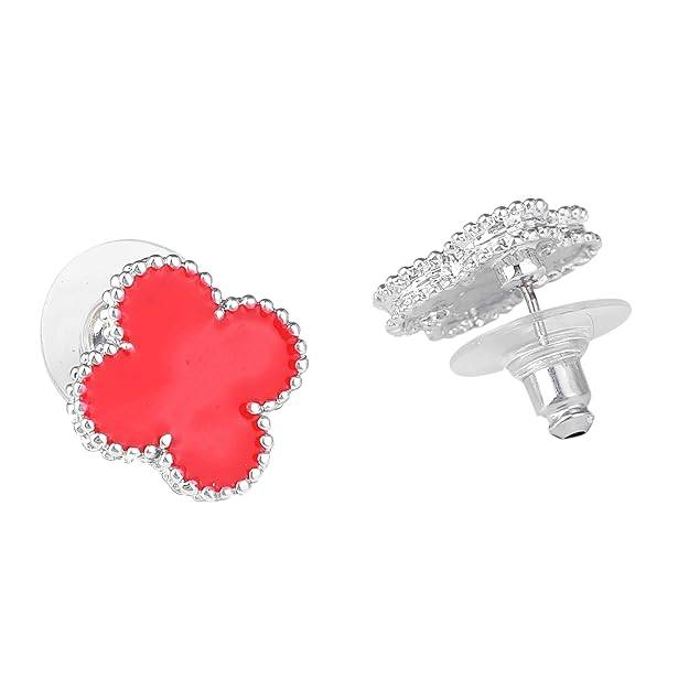 Estele Rhodium Plated Four Leaf Clover Designer Stud Earrings With Red Enamel For Women And Girls : 10202-IRRD-ERER