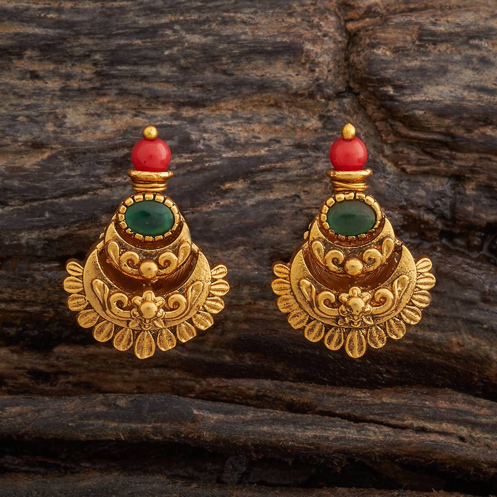 Kushal'S Fashion Jewellery Green Gold-Plated Ethnic Antique Studs-436317 : 436317