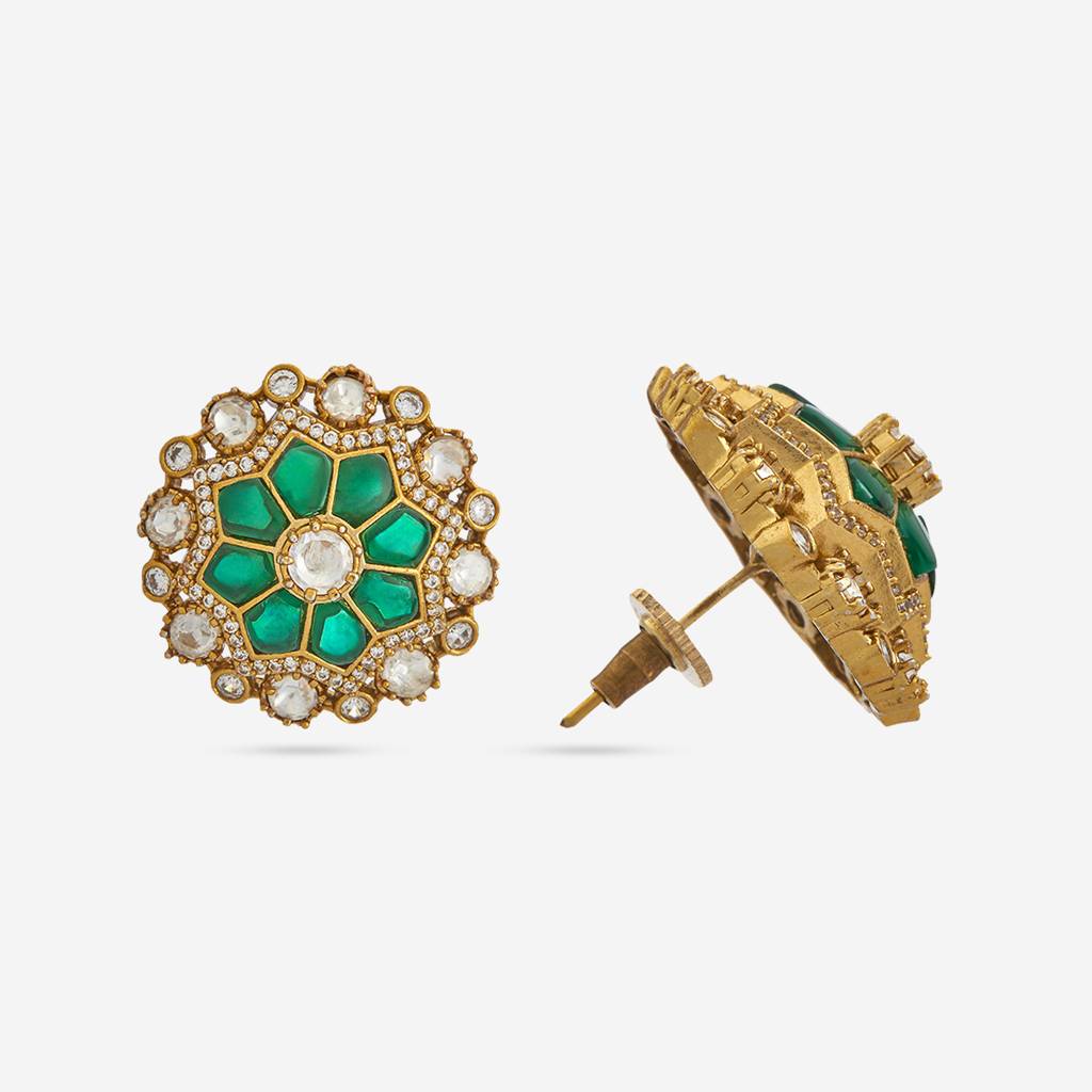 Green Plated Ethnic Kundan Studs-443066 : 443066