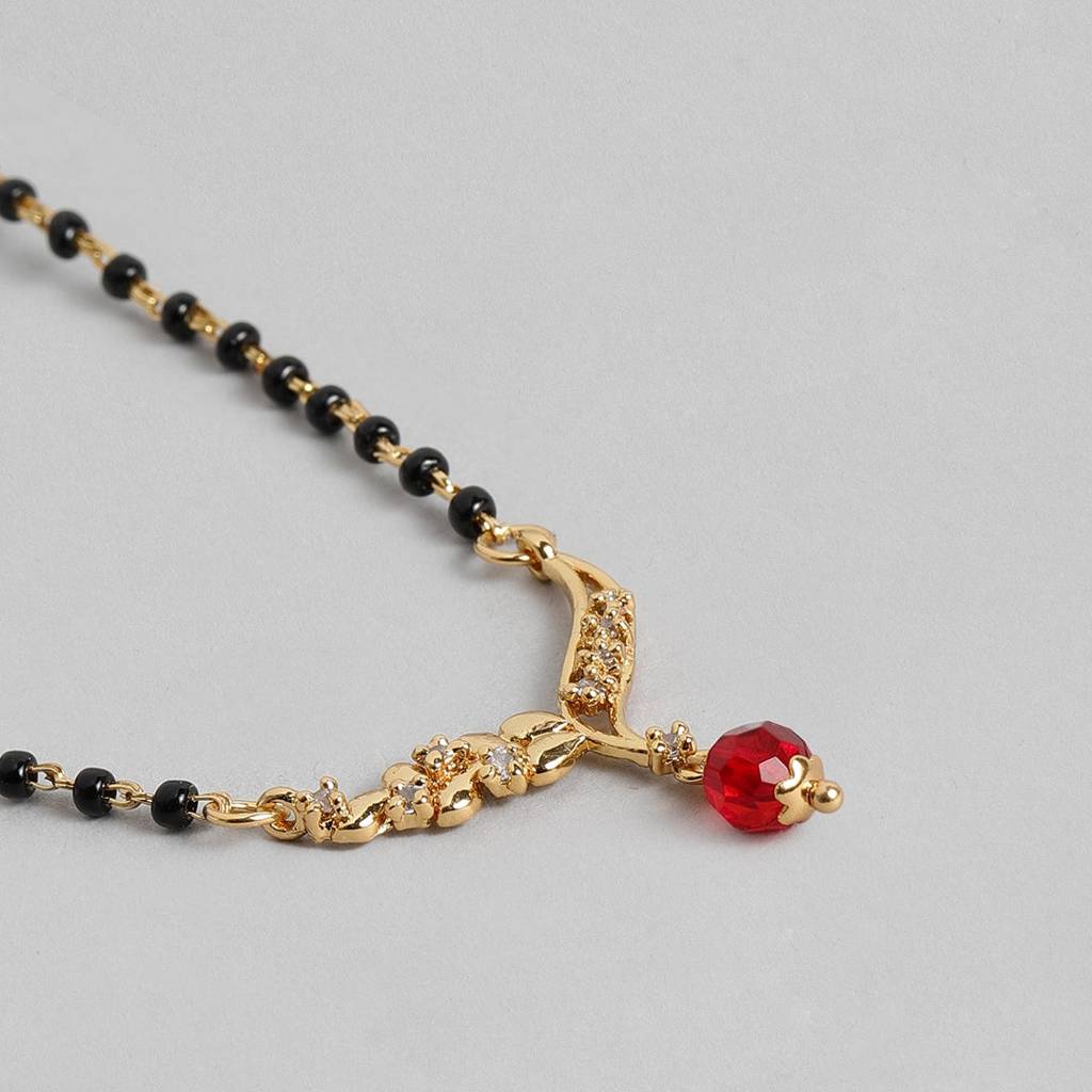 Estele Gold Plated Cz Floral Wave Designer Mangalsutra Necklace Set With Ruby Bead For Women : AD-MS-011NKER
