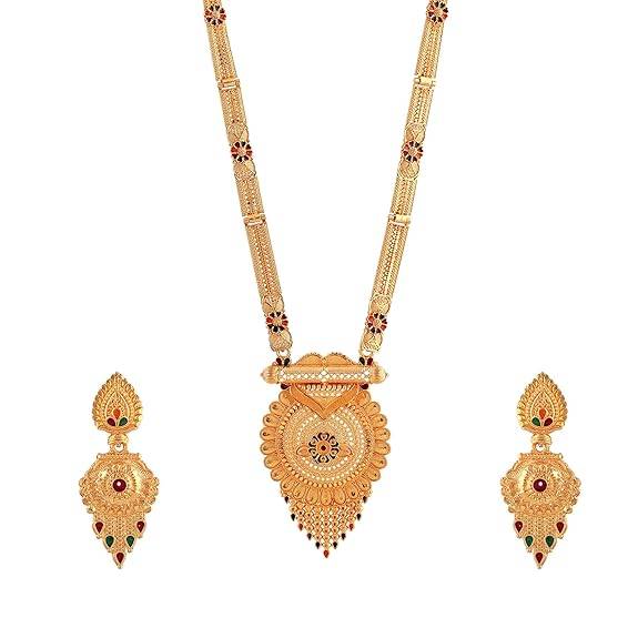 Gold Finish Temple Necklace Set With Traditional Pendant & Earrings For Bridal Wear : OSAK003-IGMCNKER