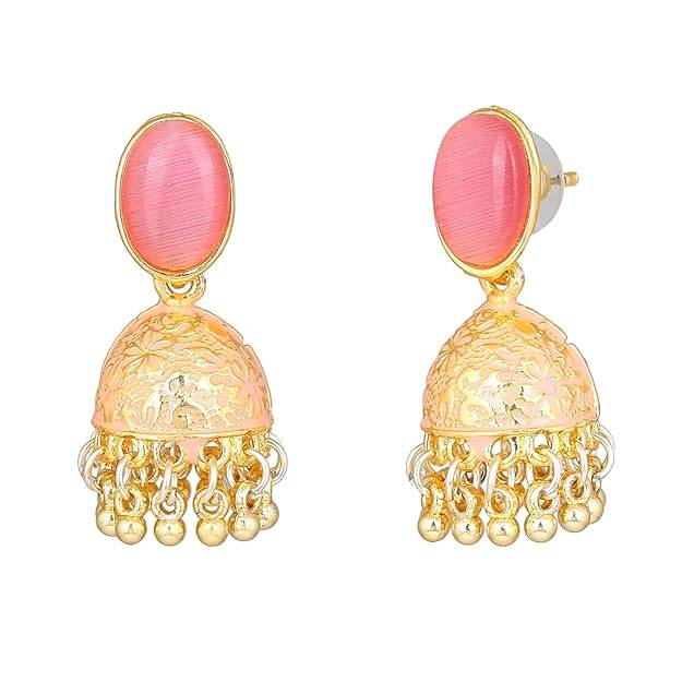 Estele Gold Plated Traditional Gehena Jhumka Earrings With Mint Pink Eanamel For Women : PJ-002-IGMPER
