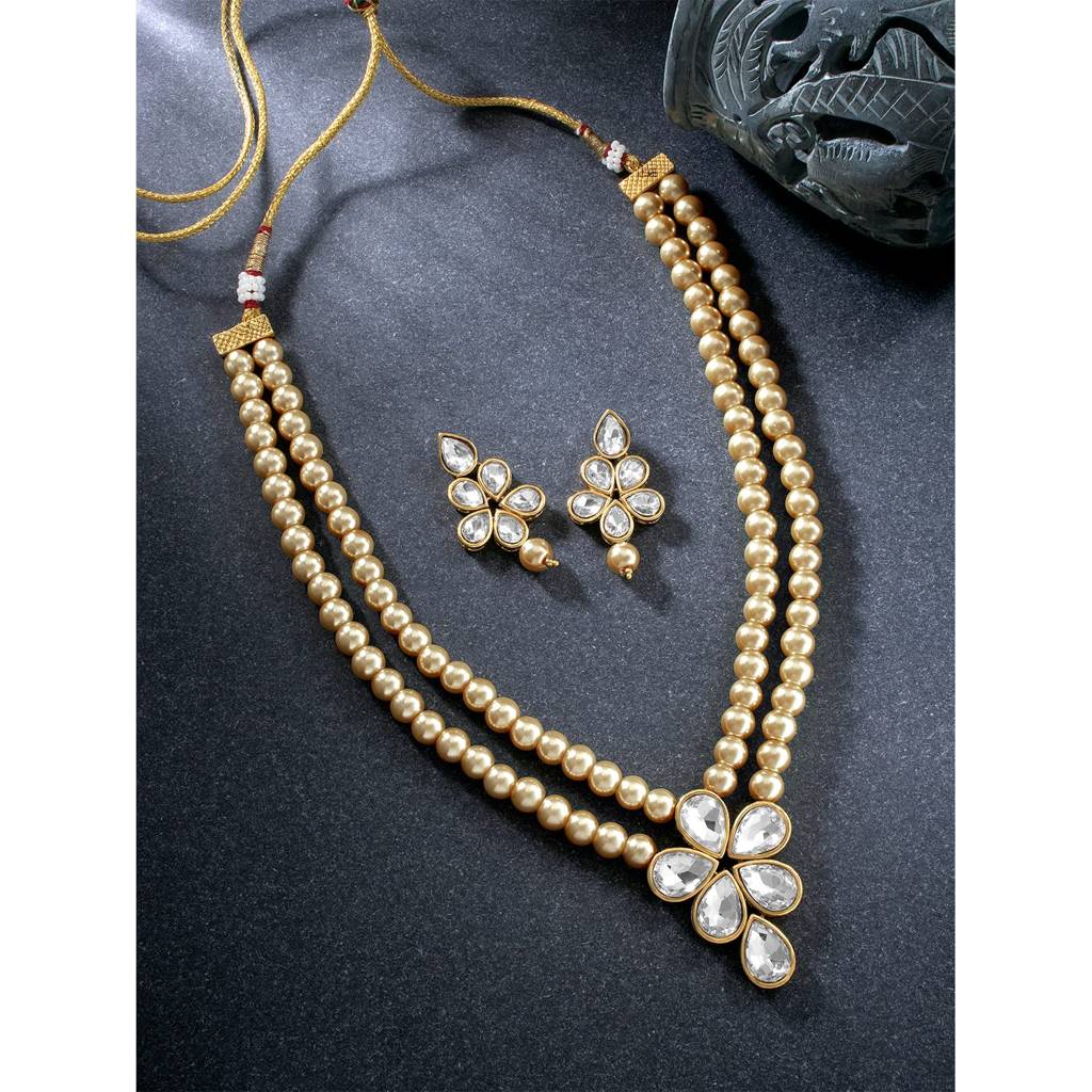 Crystal Faux Pearl Long Necklace With Drop Earrings Traditional Ethnic Jewellery Set For Women Girls-Pf24N184 : PF24N184LCT