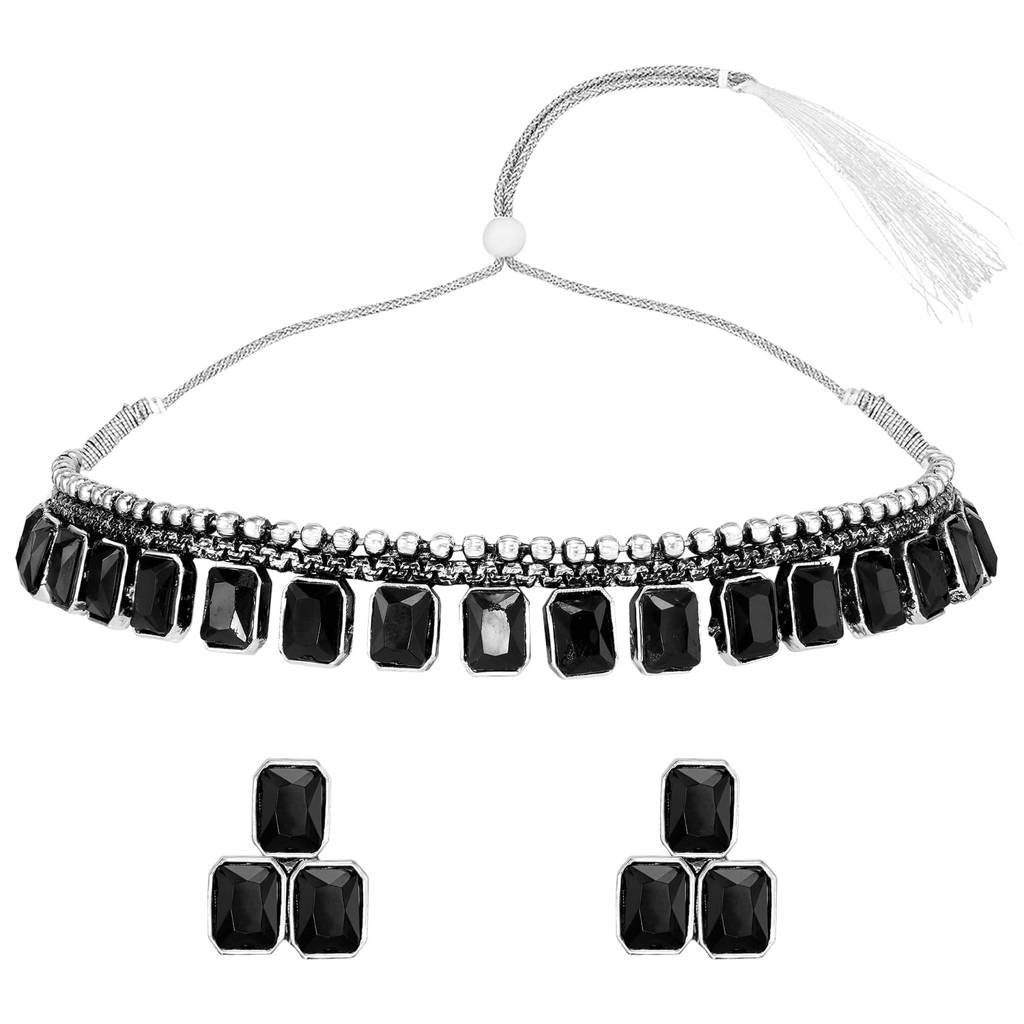 Silver Plated Black Synthetic Stone Studded Choker Necklace Stud Earrings Ethnic Jewellery Set For Women & Girls : PF04NK10348B
