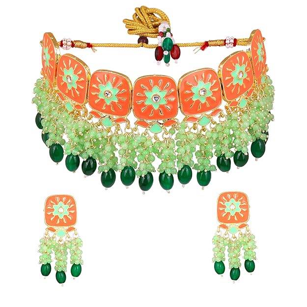 Estele Gold Plated Beautiful Gehena Choker Necklace Set Mint Green Beads For Women : PJ-032-IGMGGNNKER