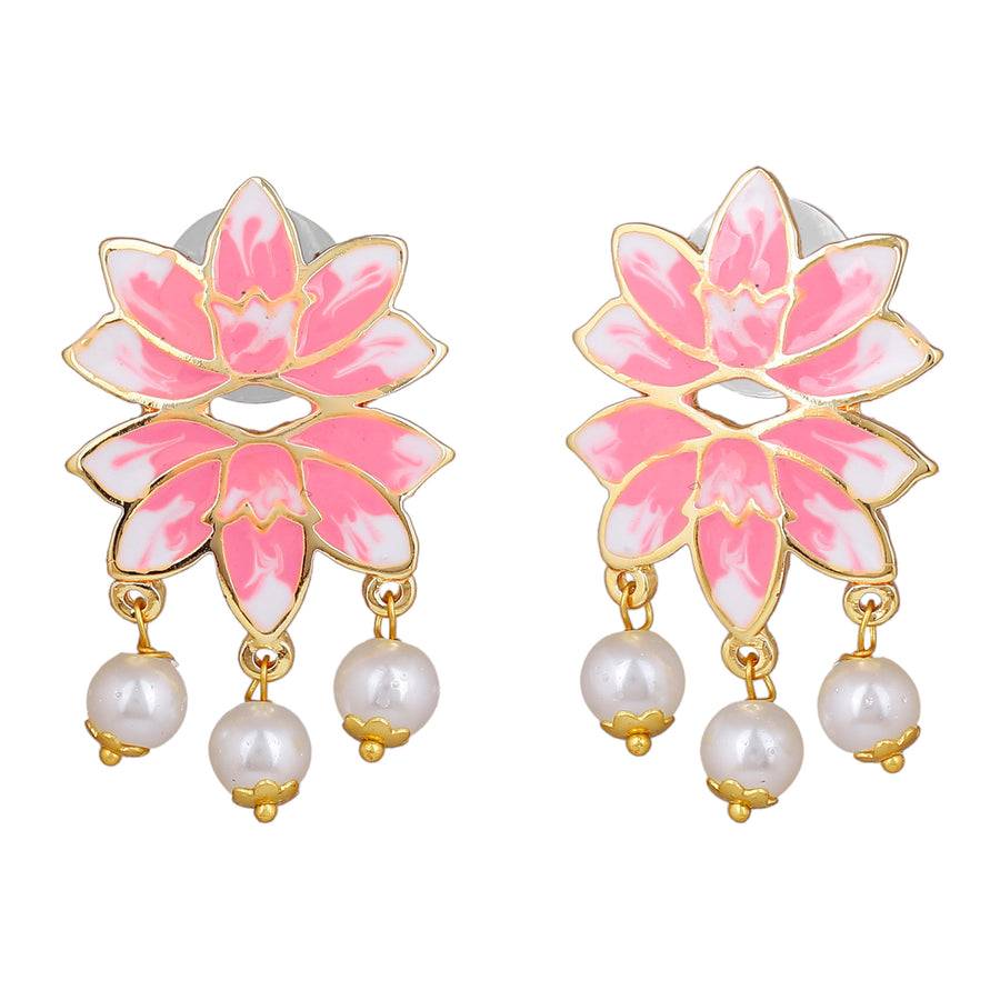 Estele Gold Plated Alluring Lotus Designer Pearl Drop Earrings With Pink Enamel For Girl'S & Women : 10198-IGER