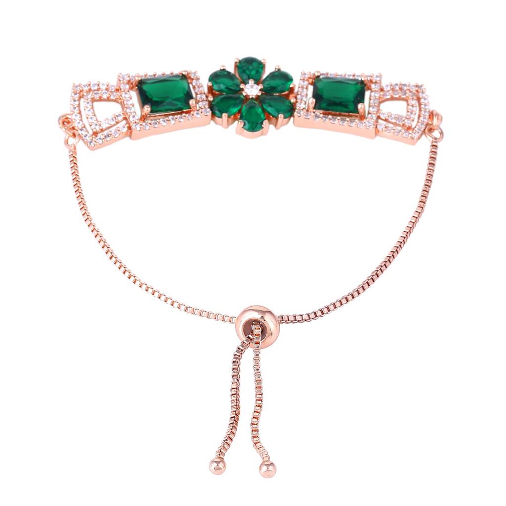 Estele Rosegold Plated Stylish Floral Designer Adjustable Charm Bracelet With Shiny Green American Diamonds Fo : AD-068-RGGNBR