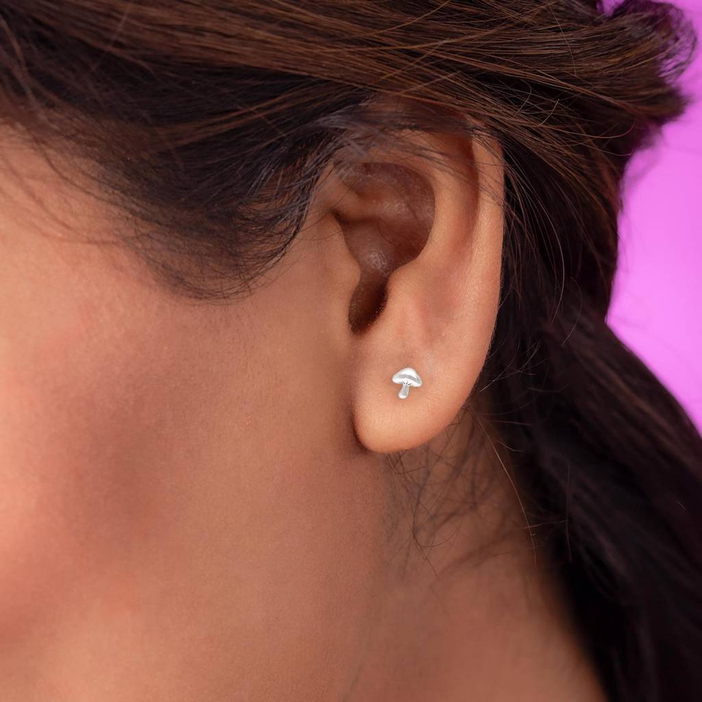 925 Silver Mushroom Stud Earrings | Nature Fungi Jewelry Gift : SE_000871