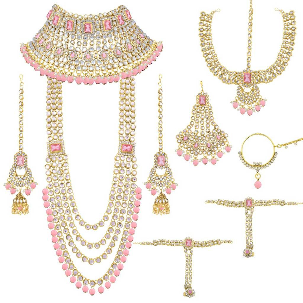 Ethnic Traditional Gold Plated Kundan Studded Dulhan Bridal Jewellery Set With Choker Earrings Maang Tikka Hathph : PF36BR02PK