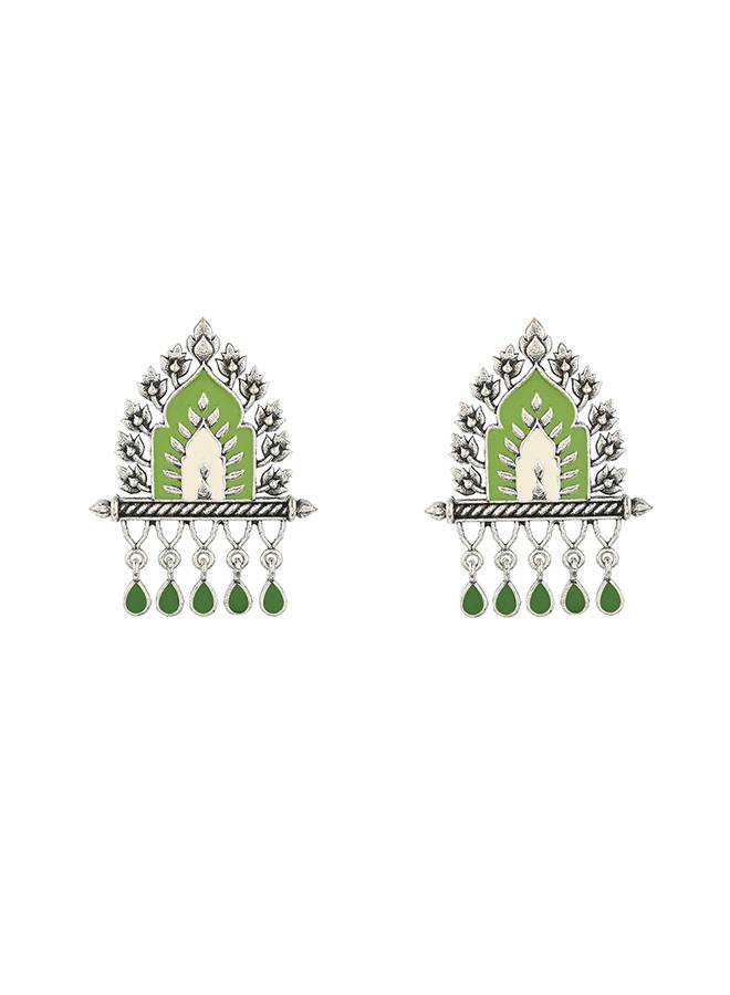 Festive Hues Green Gems Adorned Enamelled Silver Plated Jewellery Set : 8905124458954