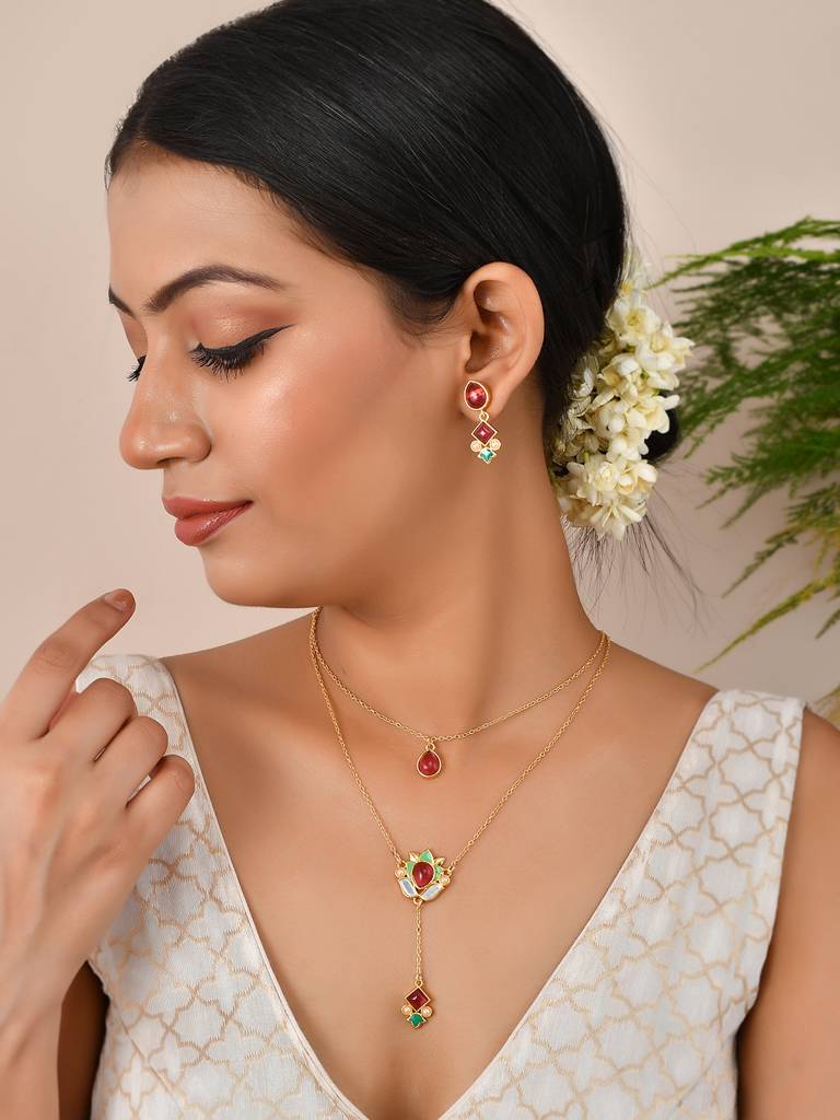 Forever More Pink Stones Enamelled Layered Necklace Jewellery Set : 8905124498189