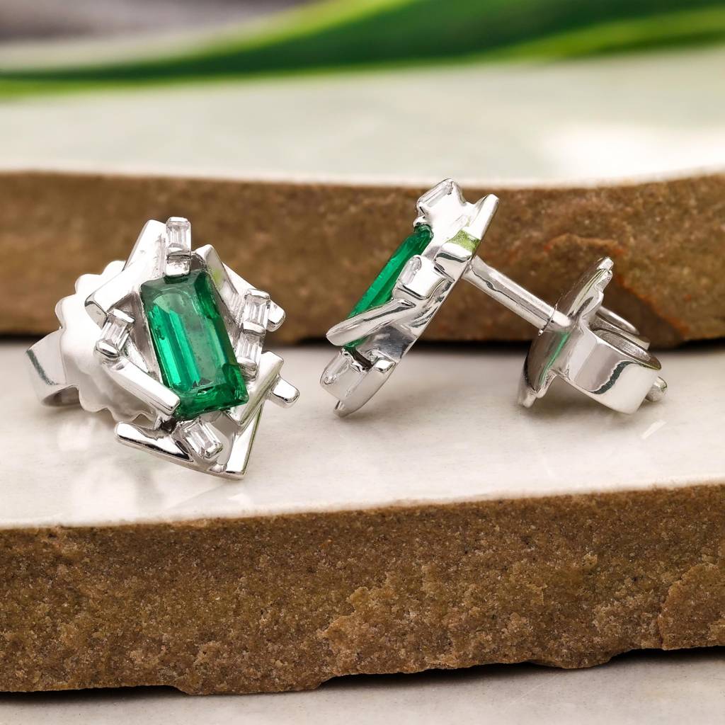 925 Silver Emerald Cut Green Studs | May Birthstone Gift : SE_000778