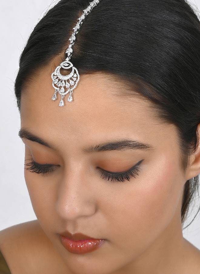 Cz Elegance Silver Plated Zirconia Gems Maang Tika : 8905124476934