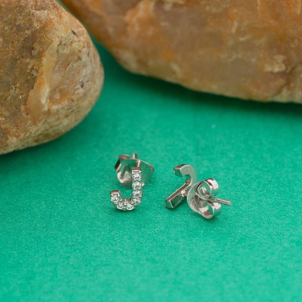 925 Silver J Initial Stud Earrings | Tiny Cz Alphabet Letter Earrings Personalized Gift : SE_000706