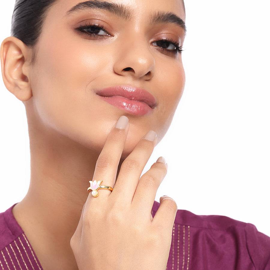 Estele Gold Plated Pink Enamel Lotus Designer Stylish Adjustable Finger Ring With Pearl For Girl'S & Women : AD-140-IGRING