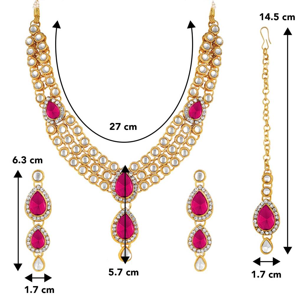 Gold Plated Traditional Rani Pink Kundan Necklace Earring Maang Tikka Jewellery Set For Women : PF25N009RP