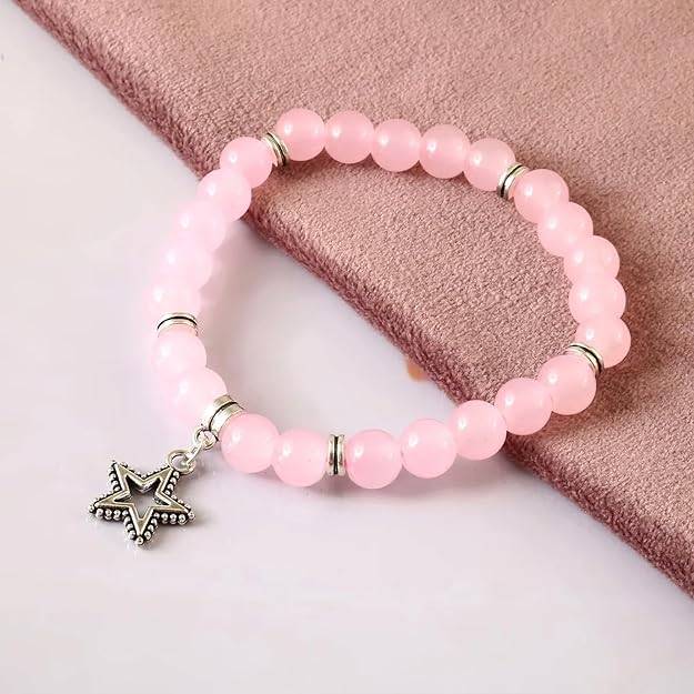 Gehena By Estele Pink Beaded Elastic Charm Bracelet For Women & Girls: Lightweight & Elegant Star Charm Stret : OSAK005-IRPNBR