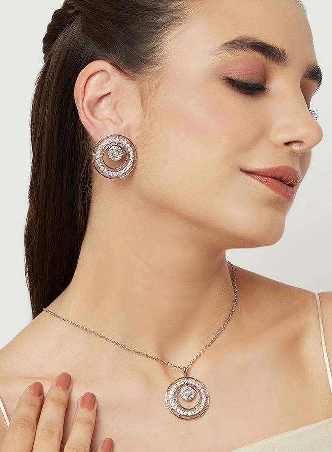 Round Cut Cz And White Pearls Brass White Rhodium Plated Pendant Set : 8905124451054