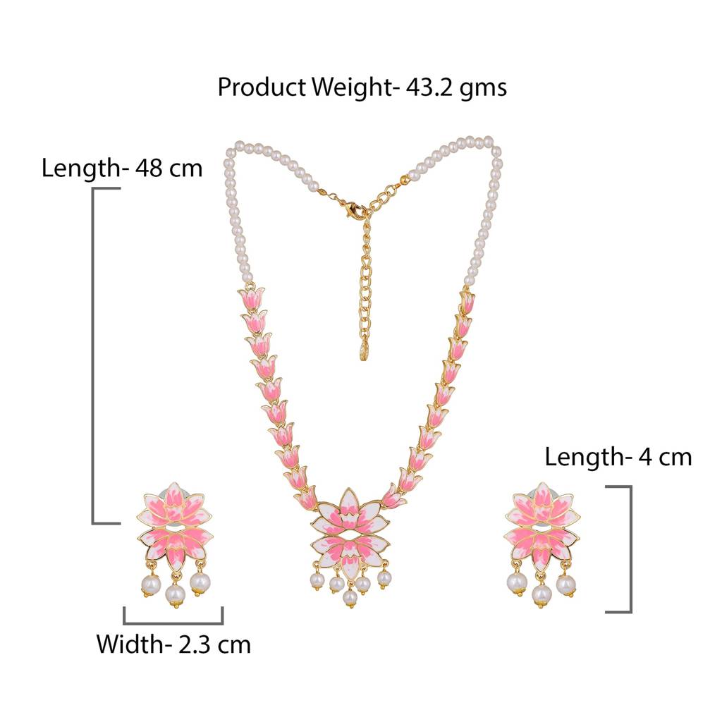 Estele Gold Plated Attractive Lotus Designer Pearl Necklace Set With Pink Enamel For Girl'S & Women : 10198-IGNKER