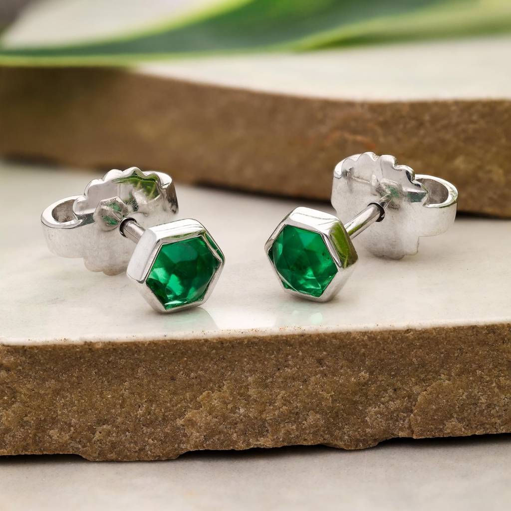 925 Silver Green Hexagon Studs | Emerald Cz Birthstone : SE_000764