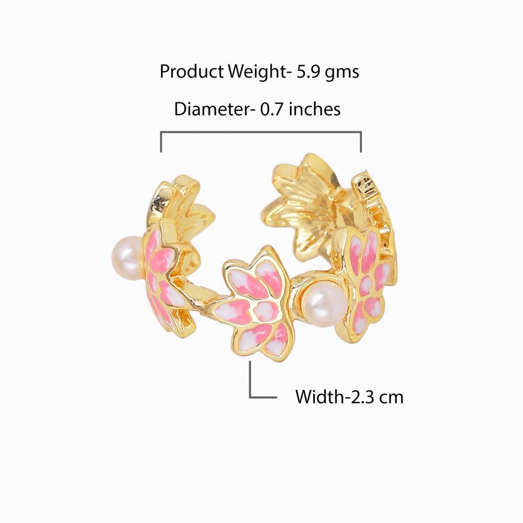 Estele Gold Plated Pink Enamel Lotus Designer Adjustable Finger Ring With Pearls For Girl'S & Womens : AD-137-IGRING