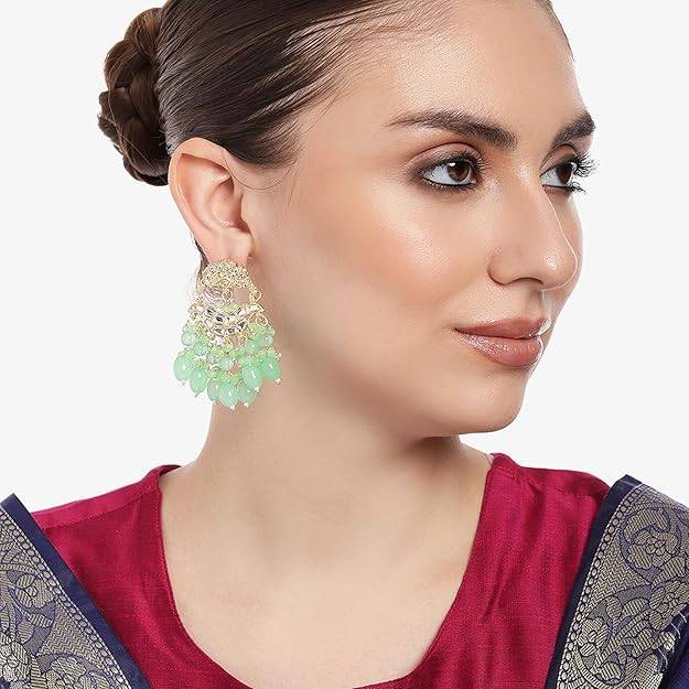 Estele Gold Plated Elegant Designer Gehena Drop Earrings With Mint Green Beads For Women : PJ-012-IGMGER