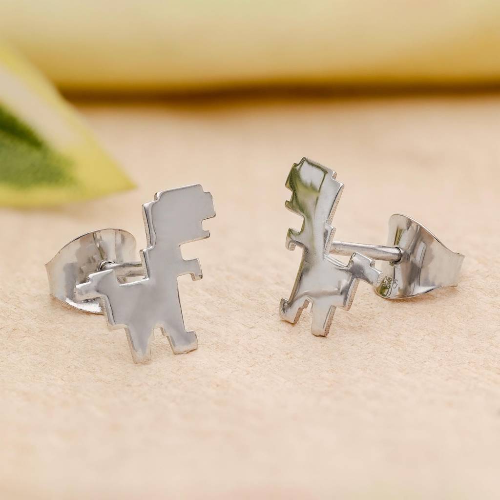 925 Silver Pixel Dinosaur Studs | Retro Gaming Gift : SE_000803