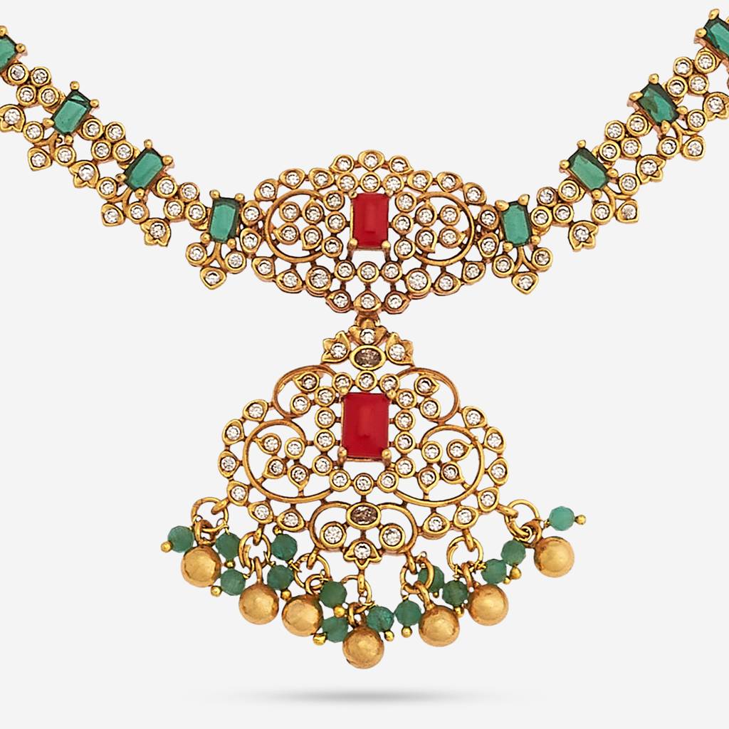 Kushal'S Fashion Jewellery Green Gold-Plated Ethnic Antique Necklace And Earring Set  -183455 : 438076