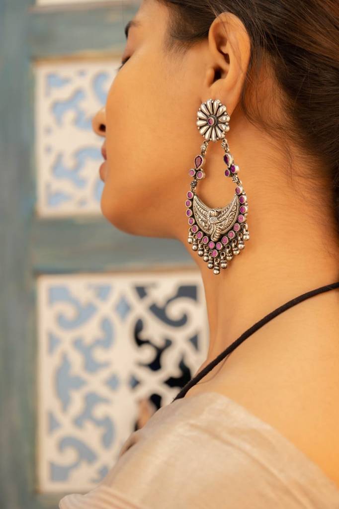 Tattva Peacock Motif Flower Embossed Jadau Statement Earring : SE90685