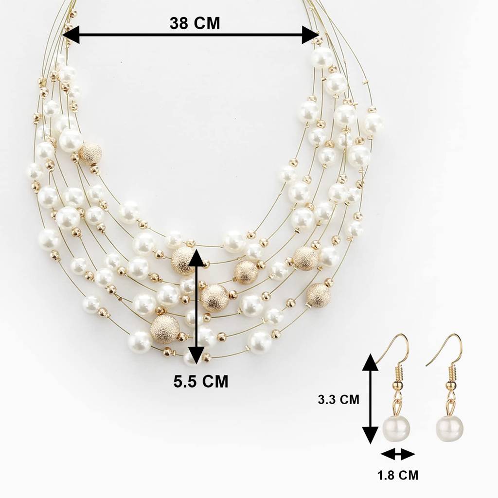 Beads Studded Gold Plated Muti Layer Necklace Earrings Set Fashion Stylish Jewellery Gift For Women : PX9N63
