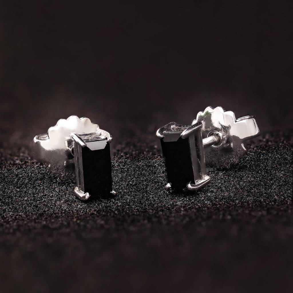 925 Silver Black Baguette Cz Stud Earrings | Minimalist Geometric Jewelry Gift For Her : SE_000740