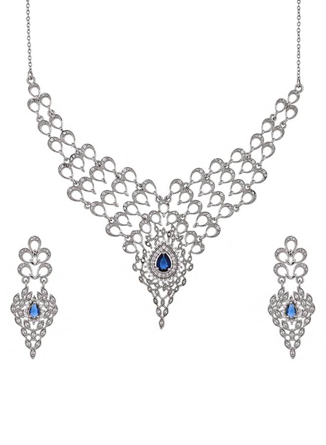Peacock Royal Blue And White Cz Cutwork Design Waterfall Jewellery Set : 8905124514759
