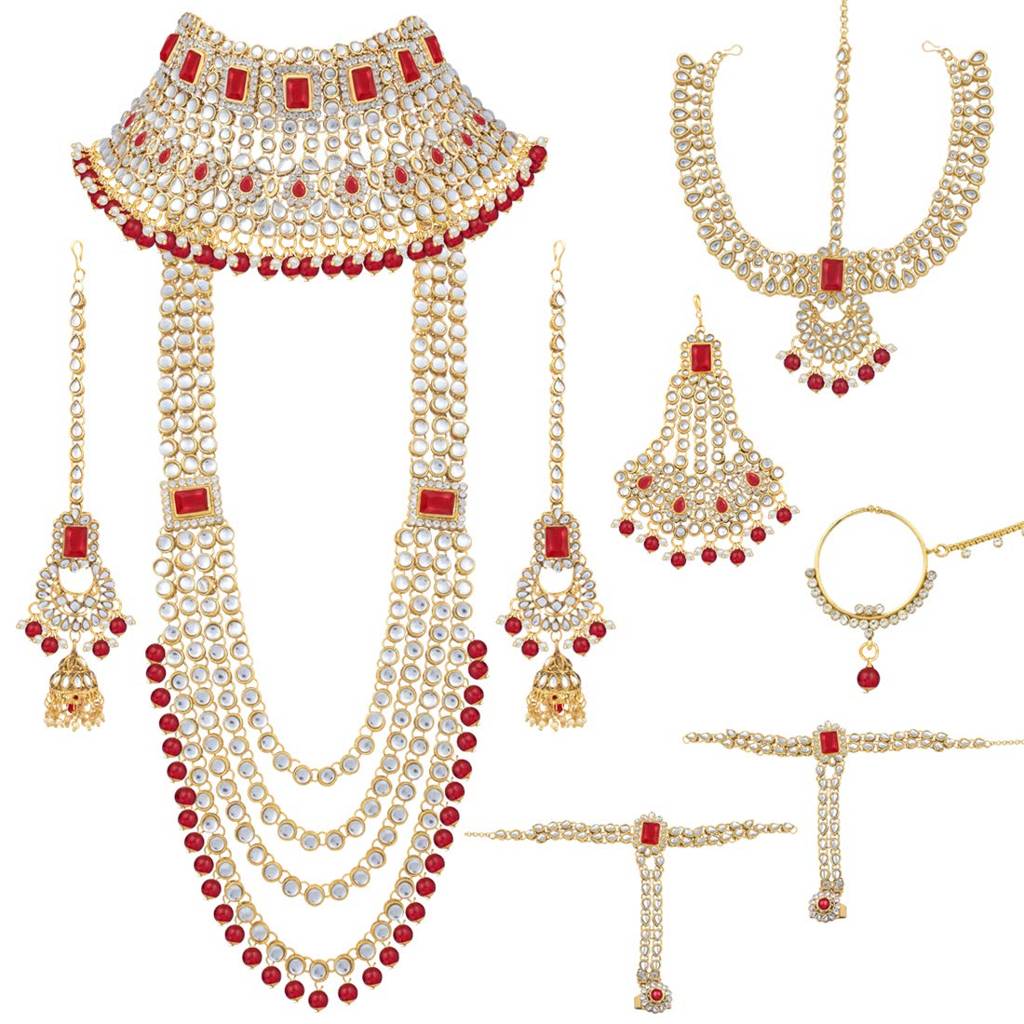 Ethnic Traditional Gold Plated Kundan Studded Dulhan Bridal Jewellery Set With Choker Earrings Maang Tikka Hathpho : PF36BR02R