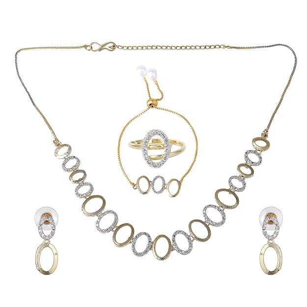 lry Combo Of Choker Necklace Set For Women: Gold & Rhodium Plated White American Diamond Classic Oval : OSAKCOM009-2TNWENKERBRFN