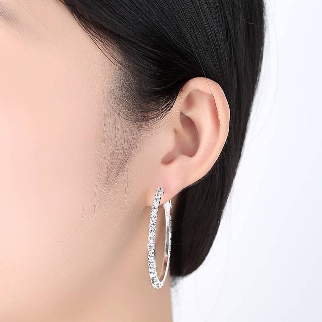 Silver Plated American Diamond Studded Hoop Earrings Office Work Wear Fashion Jewellery Gift For Women & Girls (Px8E : PX8E161