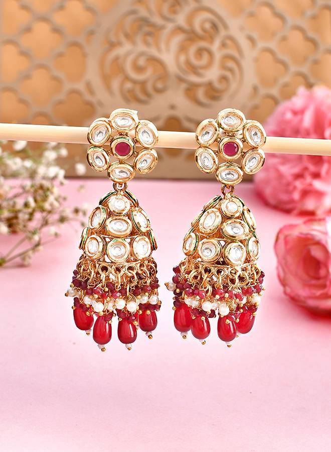 Kundan Elegance Pearl And Red Beads Faux Kundan Jhumka Earrings : 8905124504149